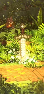 Pixel art of a mystical forest with a sword, full of vibrant green shades.