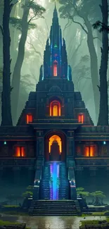 Mystical forest temple with vibrant lights and enchanting ambiance.