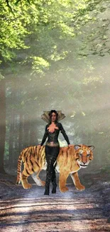 Warrior with tiger in a mystical forest path scene.