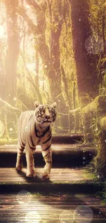 White tiger on a mystical forest path, surrounded by lush greenery and sunlight.