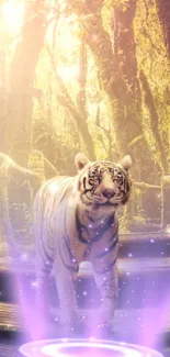 Mystical forest wallpaper with tiger emerging from a glowing portal.