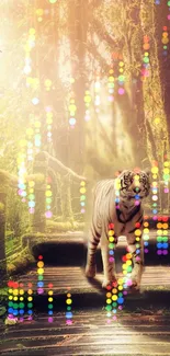 Tiger walking in mystical, brightly lit forest path.