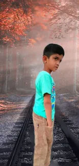 Child on a mystical forest train track with orange foliage.