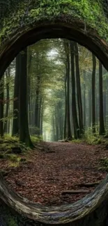 View through a circular tree portal into a tranquil forest path.