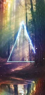 Glowing neon triangle in mystical forest scene wallpaper.