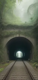 A mystical forest tunnel with lush greenery and misty ambiance.