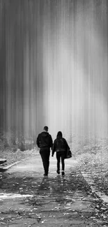 Black and white forest path with two figures walking.