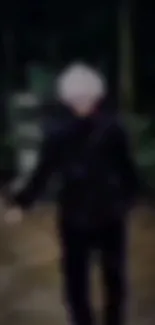 Blurry figure in dark forest with green surroundings.