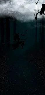 Mystical dark forest with witch and owl silhouette wallpaper.