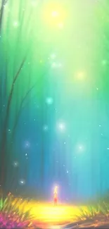 Mystical forest wallpaper with glowing lights and vibrant colors.