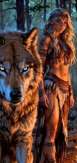 A fierce warrior woman standing with a wolf in a mystical forest setting.