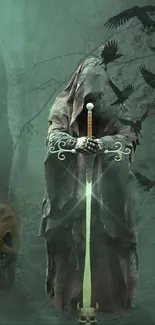 Hooded warrior in foggy forest with sword, ravens, and wolf.
