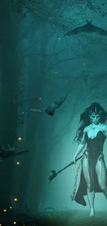 Mystical warrior in a teal forest with bats overhead.