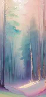 Watercolor painting of a mystical forest in soft pastel colors.