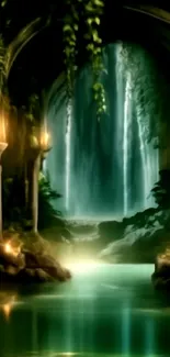 Mystical forest scene with a waterfall and glowing lights.