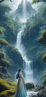 Mystical forest waterfall with lush greenery and a serene atmosphere.