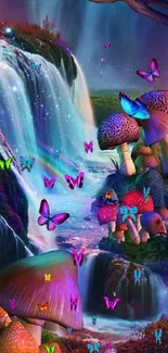 Colorful fantasy scene with mushrooms and waterfall.