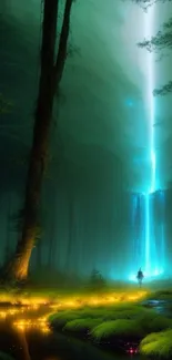 Mystical forest with glowing waterfall and illuminated path in the woods.