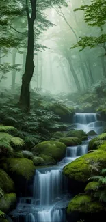 A mystical forest waterfall with lush green surroundings.