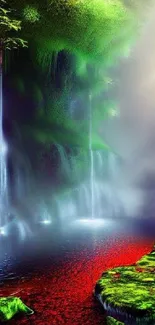 Vibrant forest waterfall with lush greenery and mystical atmosphere.