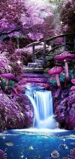 Mystical purple forest with waterfall and mushrooms.