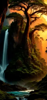 Mystical forest with waterfall and ancient trees, perfect for mobile wallpaper.