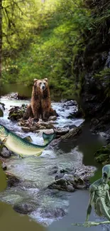 A bear, alien, and salmon in a mystical forest stream wallpaper.