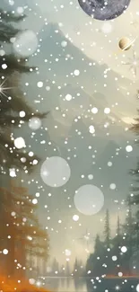 Mystical forest wallpaper with snowflakes and planets.