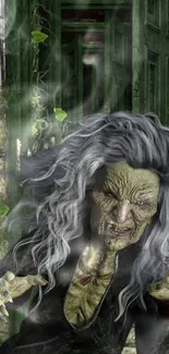 Dark green forest witch with eerie magical aura in detailed artwork.