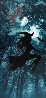 Silhouette of a witch flying in a mystical teal forest.