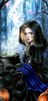 Hooded figure in dark forest with pumpkins and cauldron.