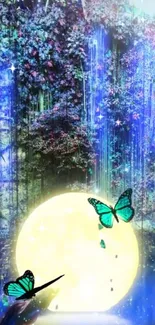 Mystical forest wallpaper with blue butterflies and glowing moon.