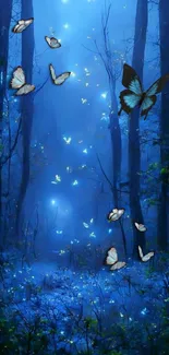 Mystical blue forest with glowing butterflies in dark trees.