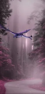 Dragon flying in mystical purple forest with winding path.