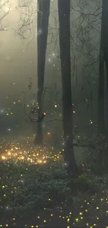 Mystical forest with glowing fireflies at night.