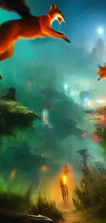 Mystical forest scene with flying foxes in vibrant hues.