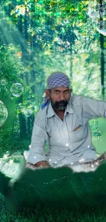 Man seated in a mystical, green forest surrounded by bubbles and sparkling light.