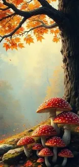 Enchanting forest with red mushrooms and golden leaves in autumn.