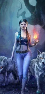 Mystical forest scene with a sorceress and wolves in ethereal blues.