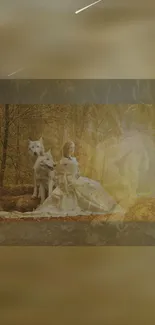 Woman in golden dress with wolves in a mystical forest setting.