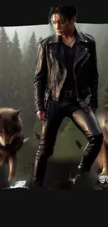 Leather-clad figure with wolves in dark forest setting with towering trees.