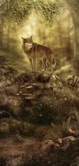 Mystical forest wallpaper with wolf and serene nature.