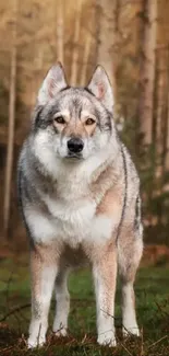 Wolf standing in a mystical forest scenery.