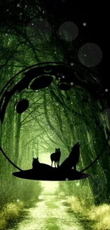 Silhouette of wolves in a mystical forest with green hues.