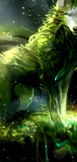 Mystical forest wolf in green digital art scene.