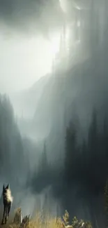 A lone wolf in a mystical foggy forest landscape.