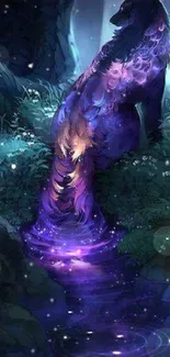 A mystical forest scene with a luminous purple wolf in vivid colors.