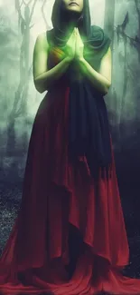 Mystical woman in red dress in foggy forest setting.