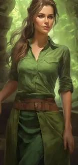 A woman in green, standing in a mystical forest setting.