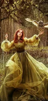 Mystical woman in green dress with owl in forest.